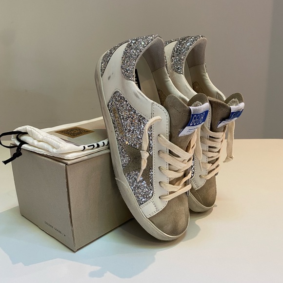 Golden Goose Superstar Sneaker White Leather/Silver Glitter/Taupe Suede 38 NIB - Picture 4 of 15
